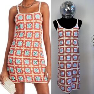 Willow & Wind Crochet Granny Square Mini Dress, Small Festival Dopamine Dressing